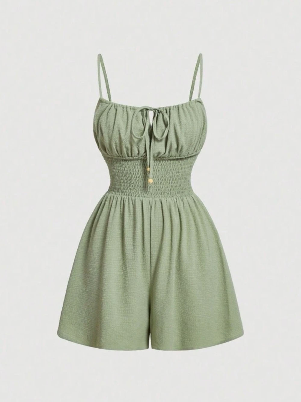 Women's Sage Green Smocked Waist Cami Romper w/ Tie Front, Large Like New Shein